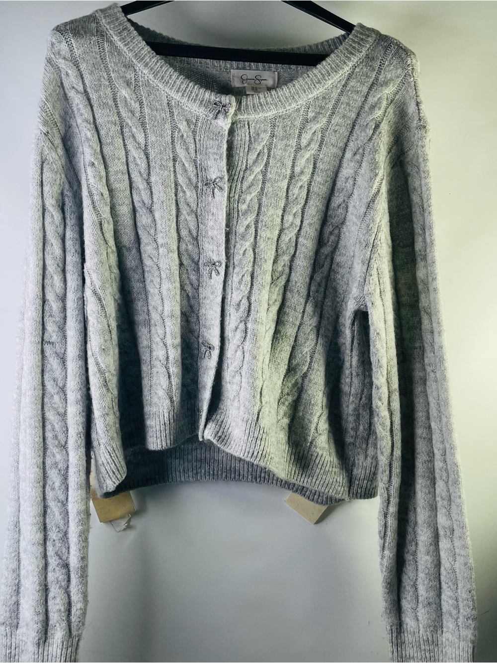 Jessica Simpson Light Gray Cable Knit Crewneck Cardigan Sparkle Bow Snaps